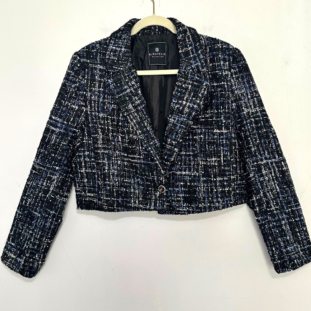 Tweed Cropped Double Breasted Blazer Black Blue Sparkle Size Petite